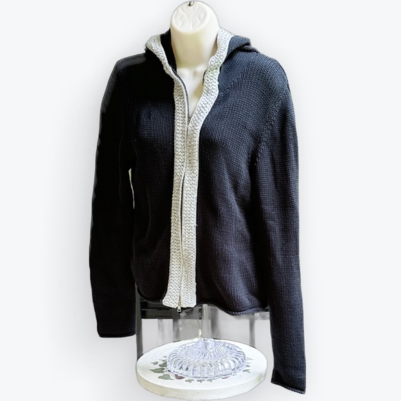 Boston Proper Black Cotton Zip-Up Hooded Sweater with Silver Sequins ~ M - Picture 12 of 12